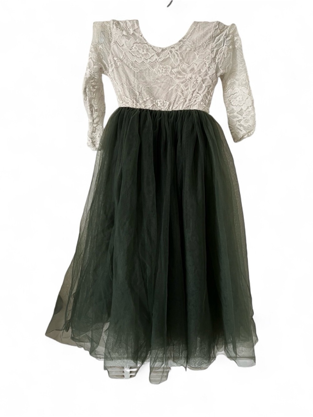 Girls Cream Lace Top with Forest Green Tulle Skirt Party Dress